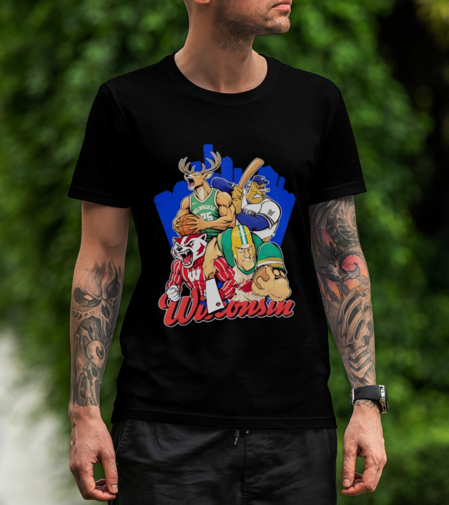 Wisconsin Badgers Milwaukee Bucks Brewers Sports Team Collage T-Shirt
