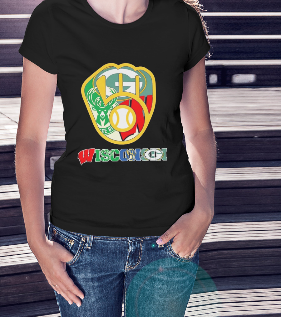 Wisconsin Green Bay Packers Milwaukee Bucks Brewers Collage T-Shirt