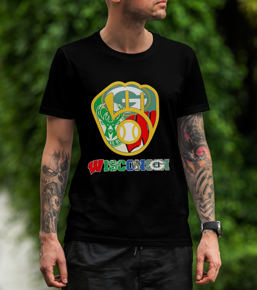 Wisconsin Green Bay Packers Milwaukee Bucks Brewers Collage T-Shirt