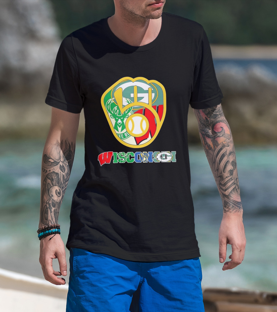Wisconsin Green Bay Packers Milwaukee Bucks Brewers Collage T-Shirt