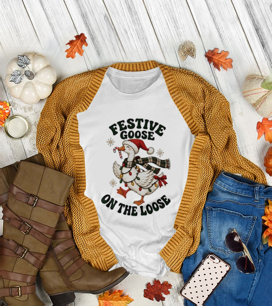 Festive Goose On The Loose Christmas Holiday Lights Scarf Snowflakes T-Shirt