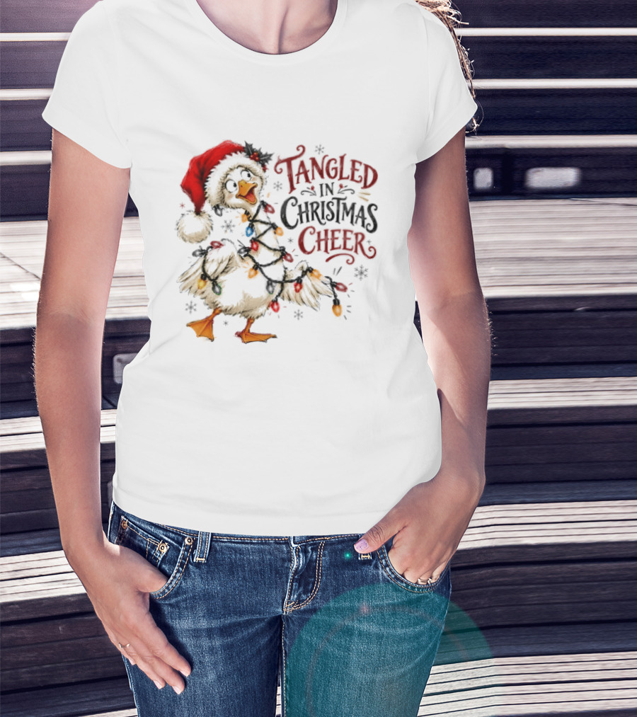 Tangled In Christmas Cheer Goose With Holiday Lights And Santa Hat T-Shirt