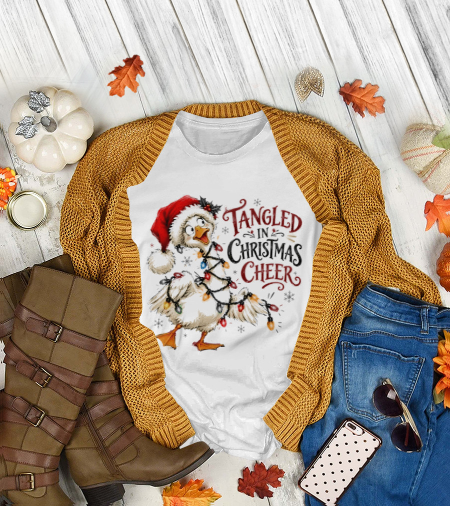 Tangled In Christmas Cheer Goose With Holiday Lights And Santa Hat T-Shirt