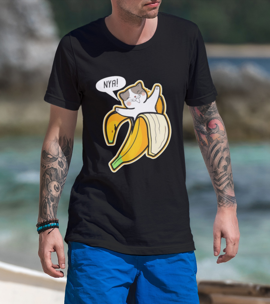 Banana Cat Nya Cute Cartoon Feline In Fruit Peel Japan T-Shirt