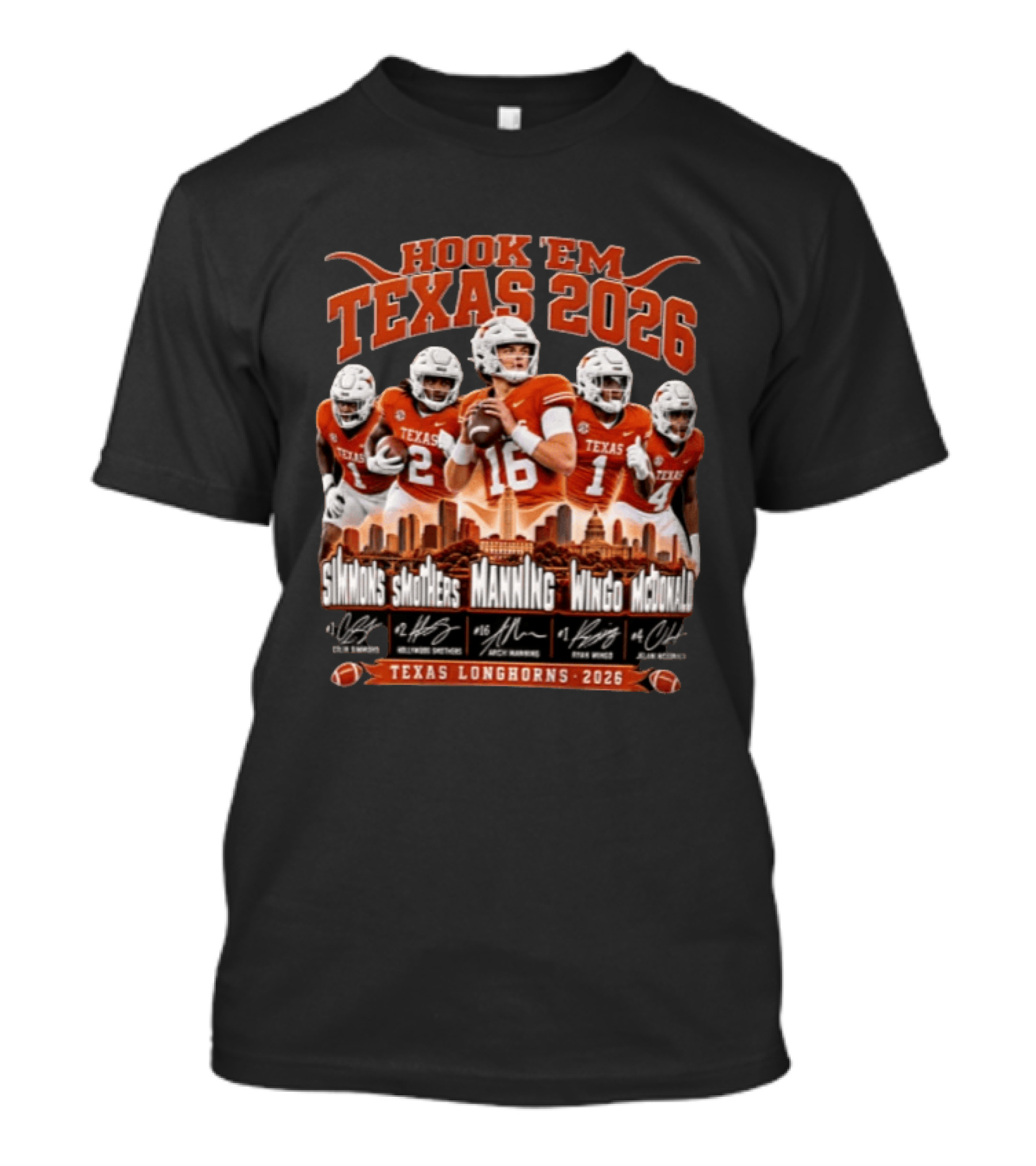 Hook EM Texas 2026 Simmons Smothers Manning Wingo McDonald Texas Longhorns Football T-Shirt