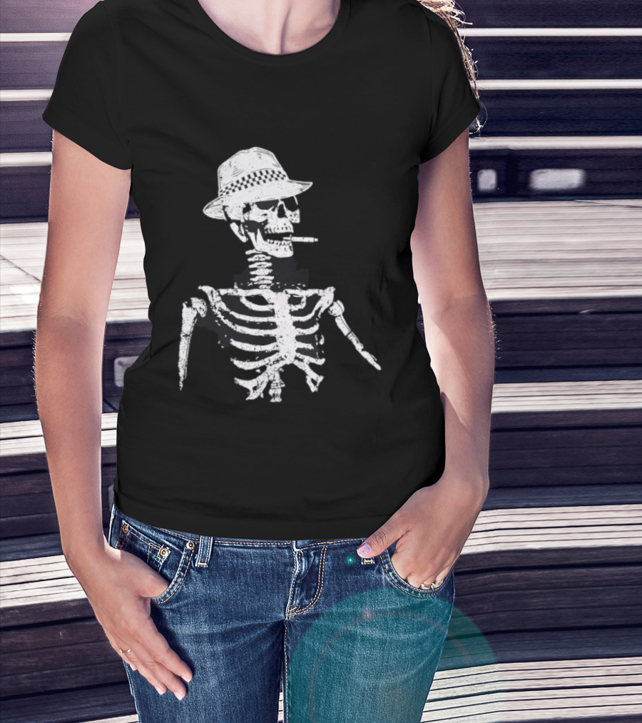 Horrible Skull With Hat And Cigarette Detailed Skeleton T-Shirt