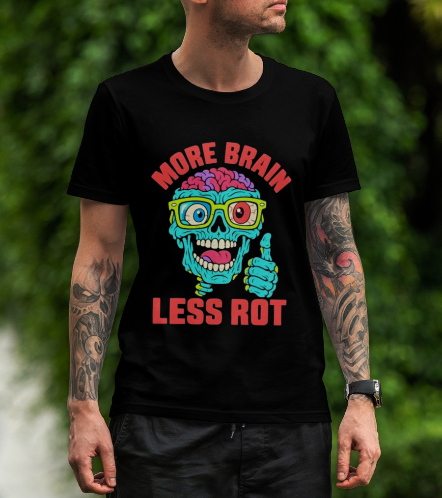More Brain Less Rot Colorful Zombie Skull With Glasses Nerdy T-Shirt