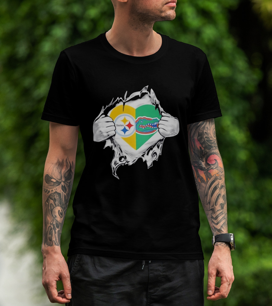 Pittsburgh Steelers Florida Gators Heart Tear Graphic Football Sports Fan T-Shirt