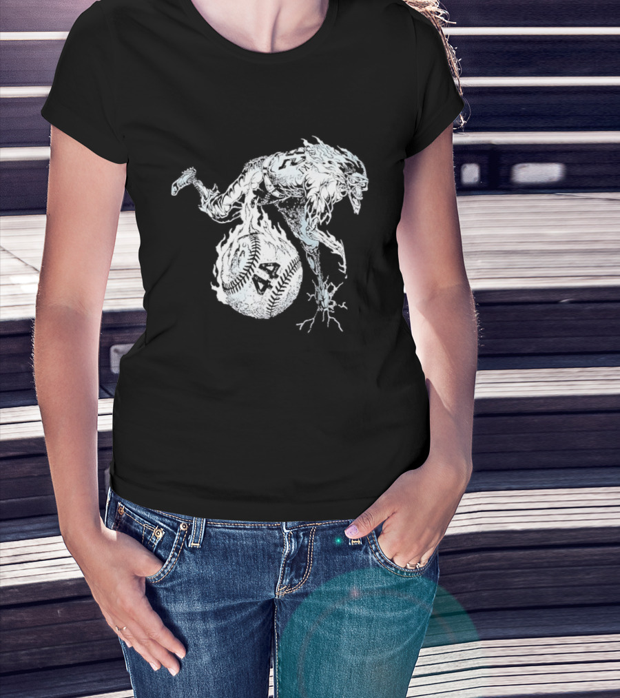 Ski No 44 Flaming Skeleton Baseball Player T-Shirt