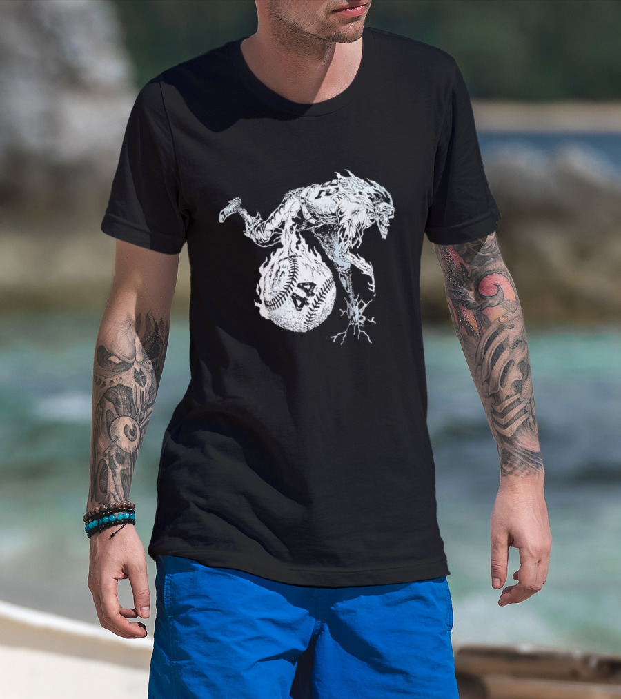 Ski No 44 Flaming Skeleton Baseball Player T-Shirt