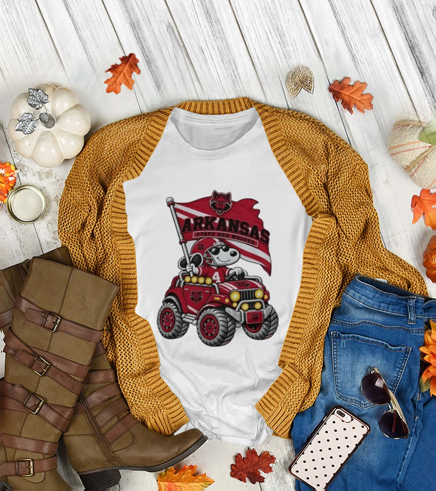 Arkansas State Red Wolves Snoopy Football Offroad Jeep Adventure T-Shirt