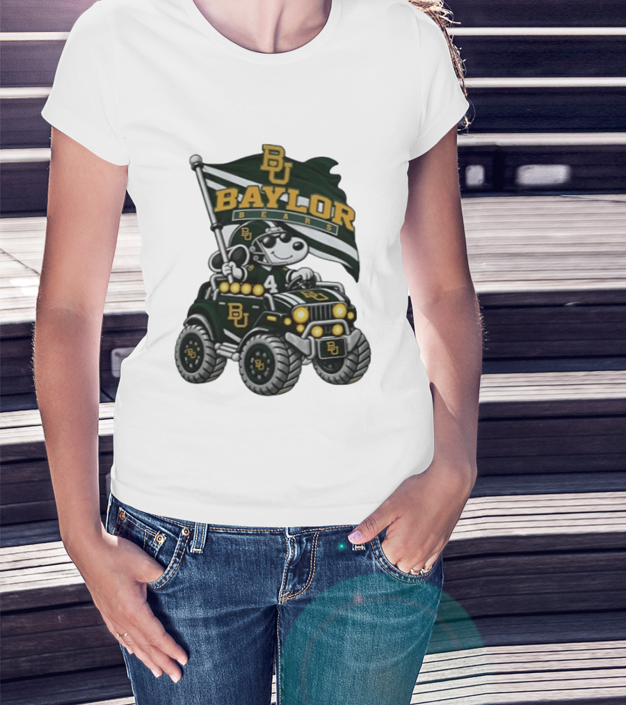 Baylor Bears Snoopy Driving Jeep With BU Flag NCAA Football T-Shirt