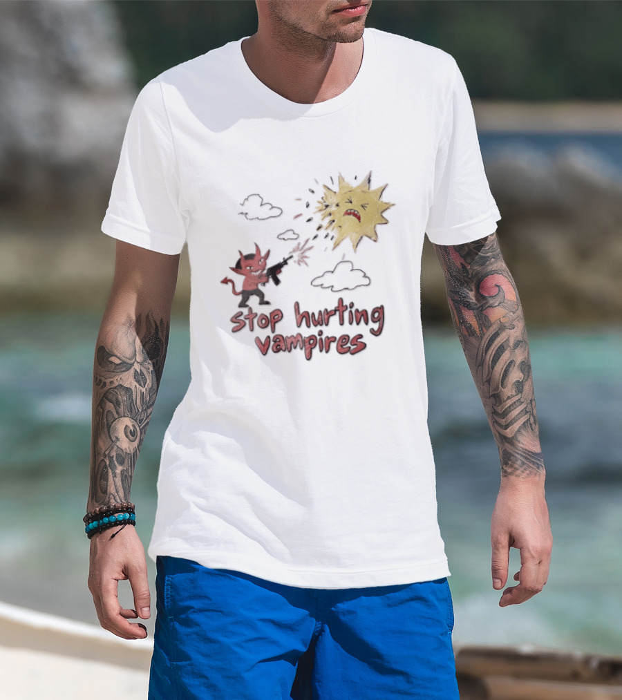Stop Hurting Vampires Devil Shooting Angry Sun T-Shirt