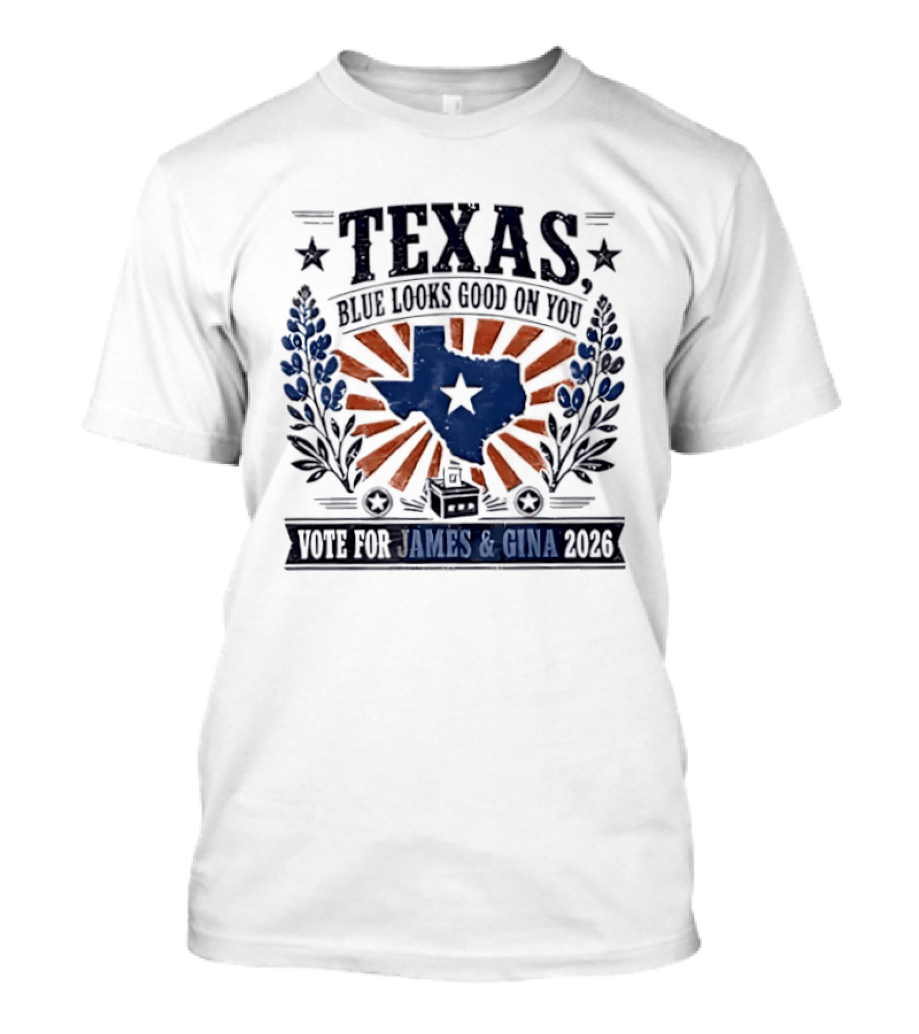 Texas Blue Looks Good On You Vote For James Gina 2026 Sunburst Texas Map T-Shirt
