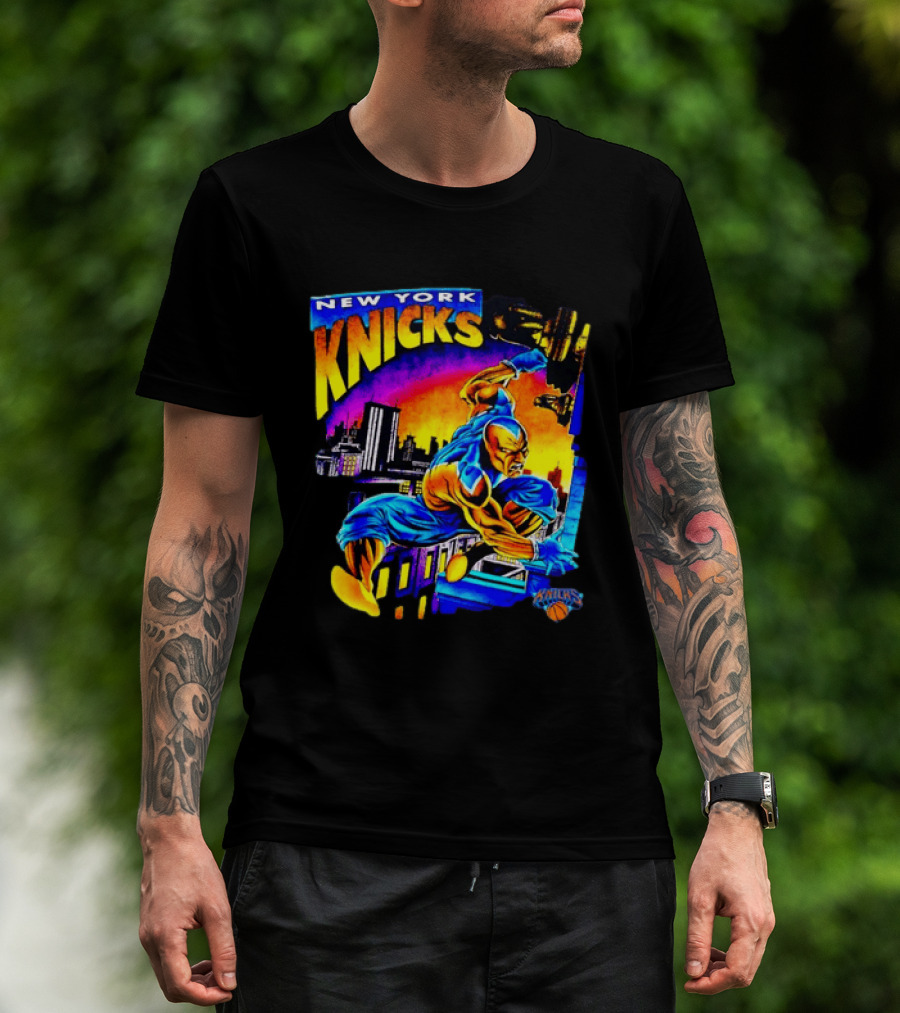 New York Knicks Superhero Action Skyline Scene T-Shirt