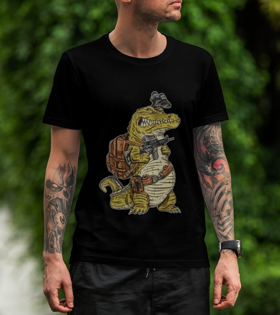 Tactical Alligator With Firearm And Backpack T-Shirt