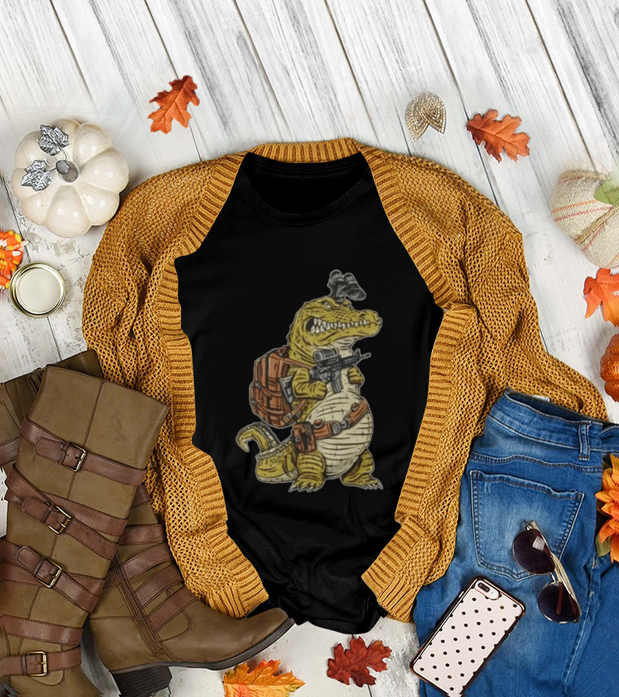 Tactical Alligator with Firearm and Backpack T-Shirt