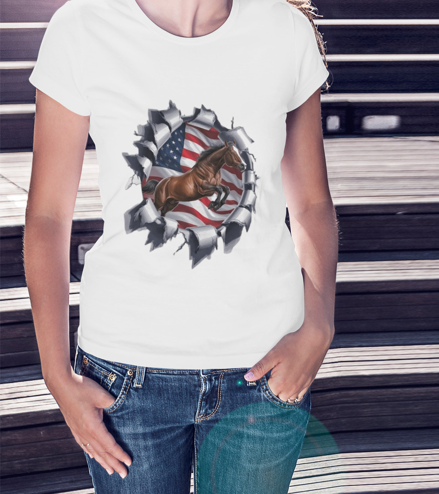 Escaping Horse With American Flag Background 3D Effect T-Shirt