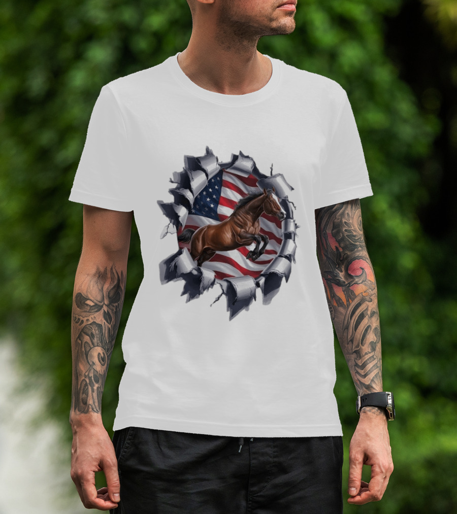 Escaping Horse With American Flag Background 3D Effect T-Shirt