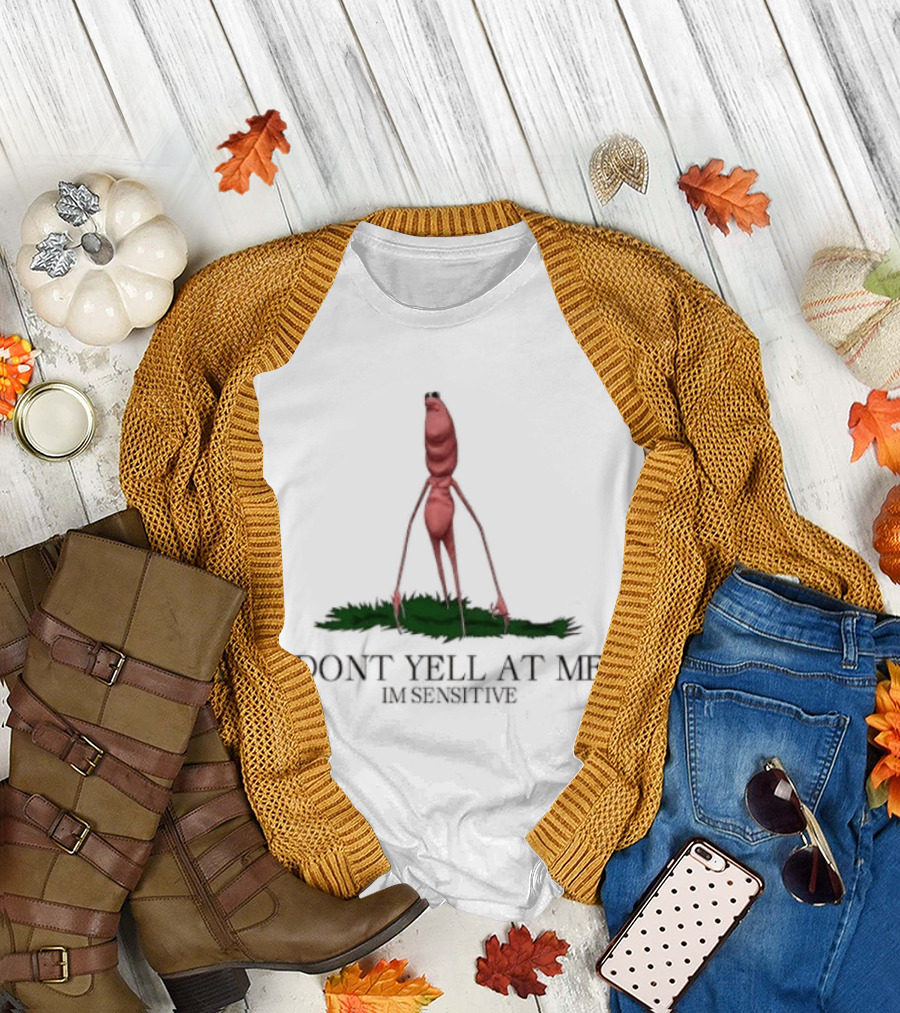 Marcus the Worm Don't Yell at Me I'm Sensitive Red Worm Green Grass T-Shirt