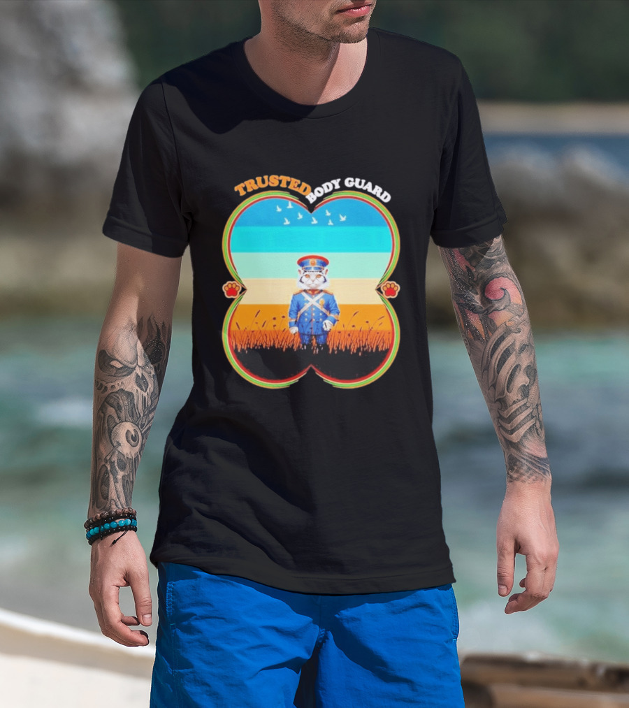 Trusted Body Guard Cat In Uniform With Sunset And Bird T-Shirt