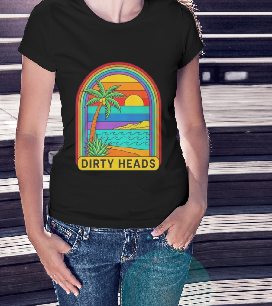 Dirty Heads Vibrant Sunset Beach Scene With Palm Tree And Waves T-Shirt