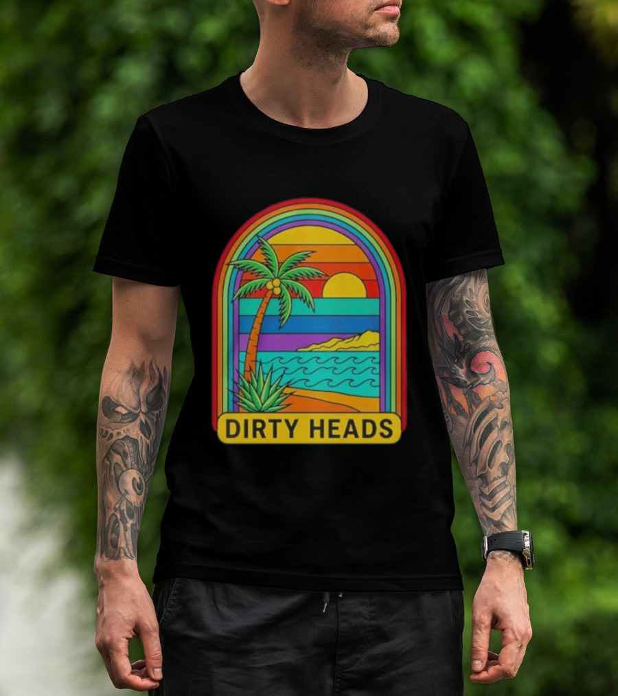 Dirty Heads Vibrant Sunset Beach Scene With Palm Tree And Waves T-Shirt