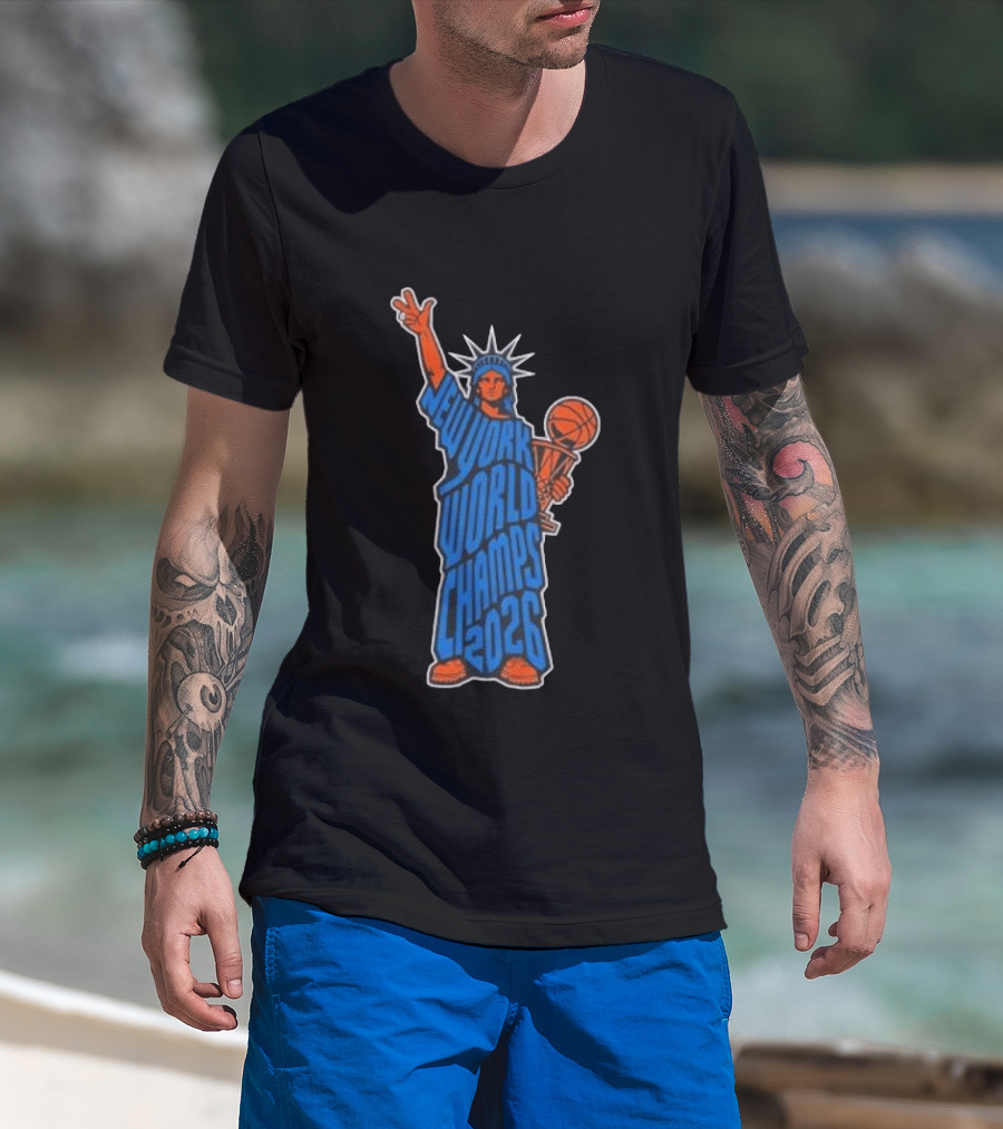 New York Knicks Statue Of Liberty World Champs 2026 Trophy T-Shirt