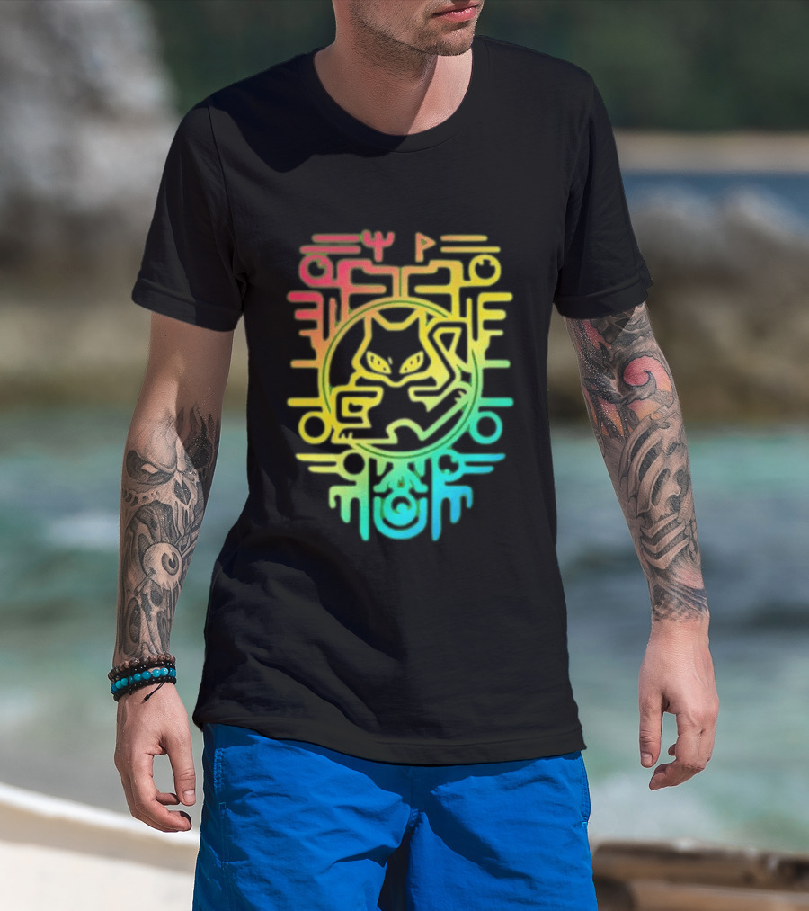 Og Ancient Mew And Mewtwo Pokemon Holographic Hieroglyphic T-Shirt
