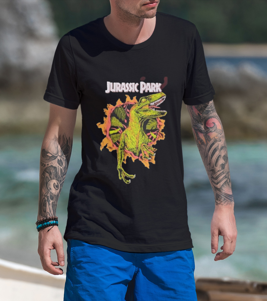Velociraptor Jurassic Park Dinosaur Breaking Through Wall T-Shirt