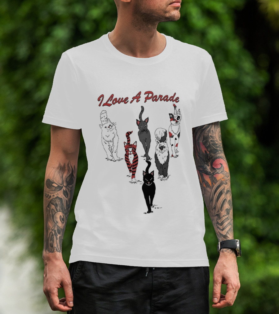 I Love A Parade Walking Cats Black Silhouettes Red Stripes T-Shirt