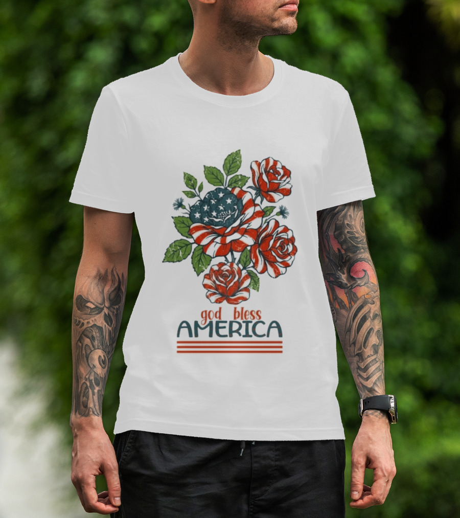 Patriotic Floral God Bless America Roses With Red White Blue Stripes T-Shirt