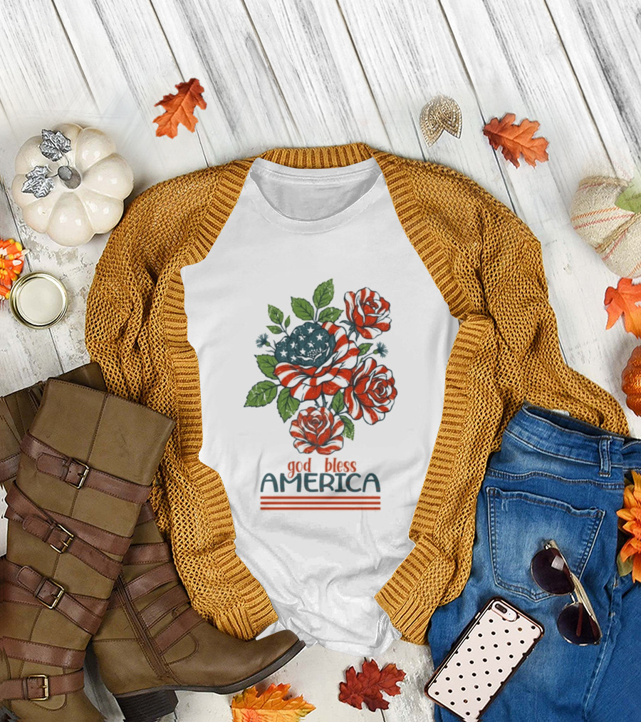 Patriotic Floral God Bless America Roses with Red White Blue Stripes T-Shirt