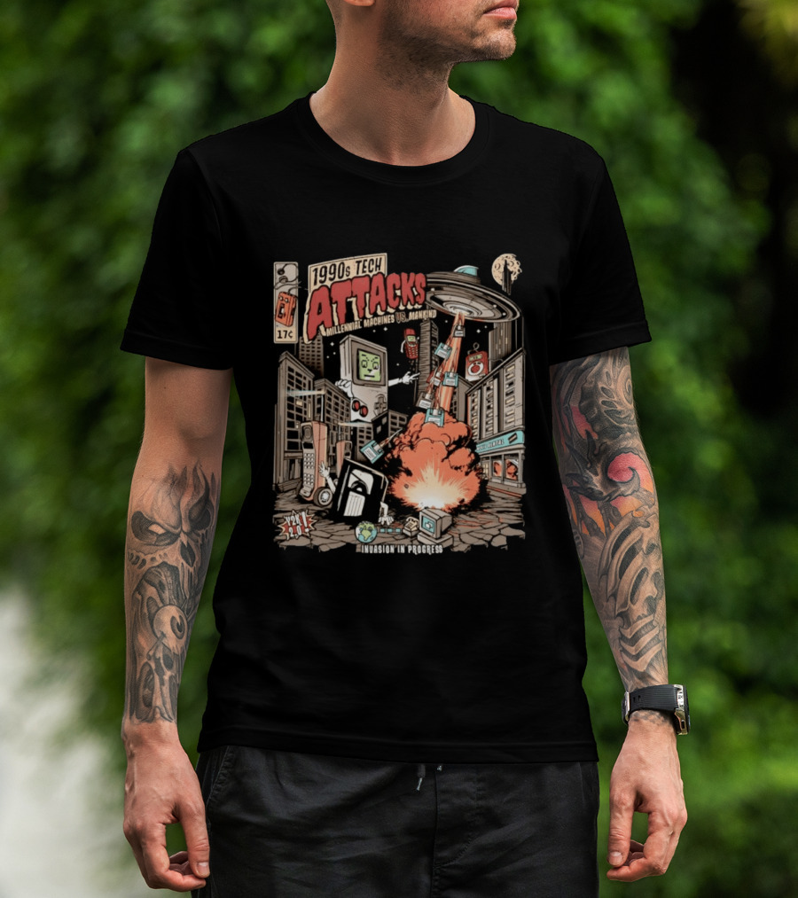 1990s Tech Attacks Millennial Machines Vs Mankind Invasion In Progress Y2K 2.0 T-Shirt
