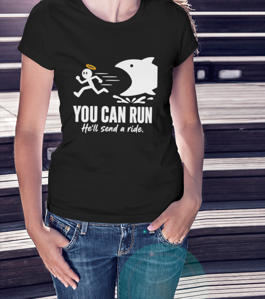 Angel Fleeing Shark You Can Run He'll Send A Ride Humor T-Shirt