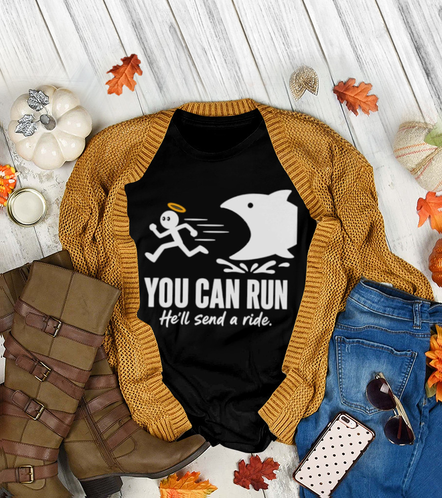 Angel Fleeing Shark You Can Run He'll Send a Ride Humor T-Shirt