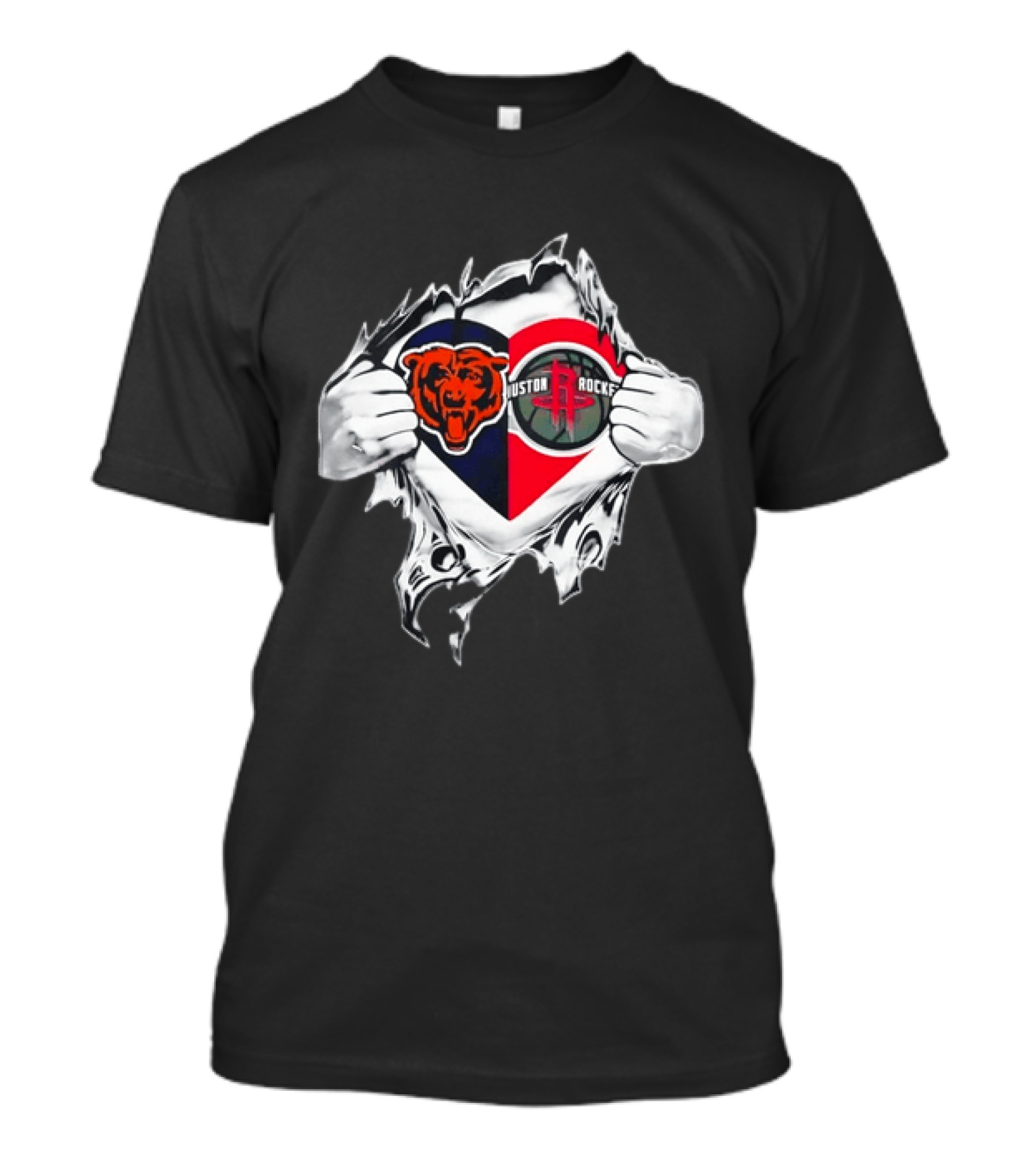 Chicago Bears Houston Rockets Ripped Chest Duo Logo Fan Gear T-Shirt