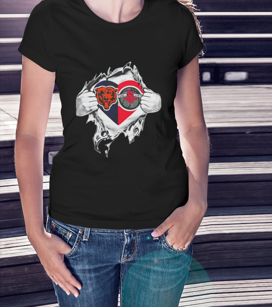 Chicago Bears Houston Rockets Ripped Chest Duo Logo Fan Gear T-Shirt
