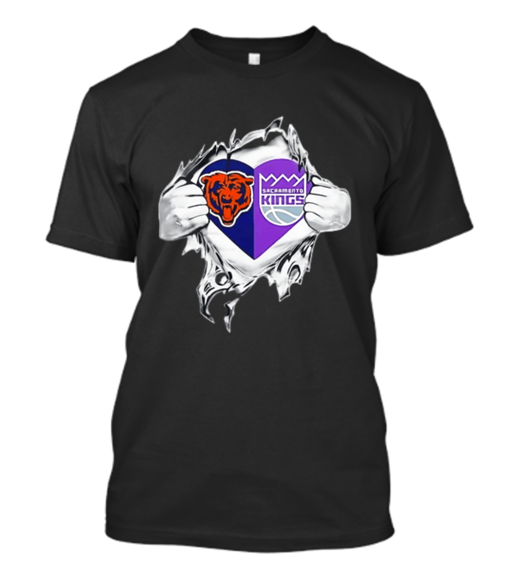 Heart Rip Chicago Bears Sacramento Kings Fan Logo Combo T-Shirt