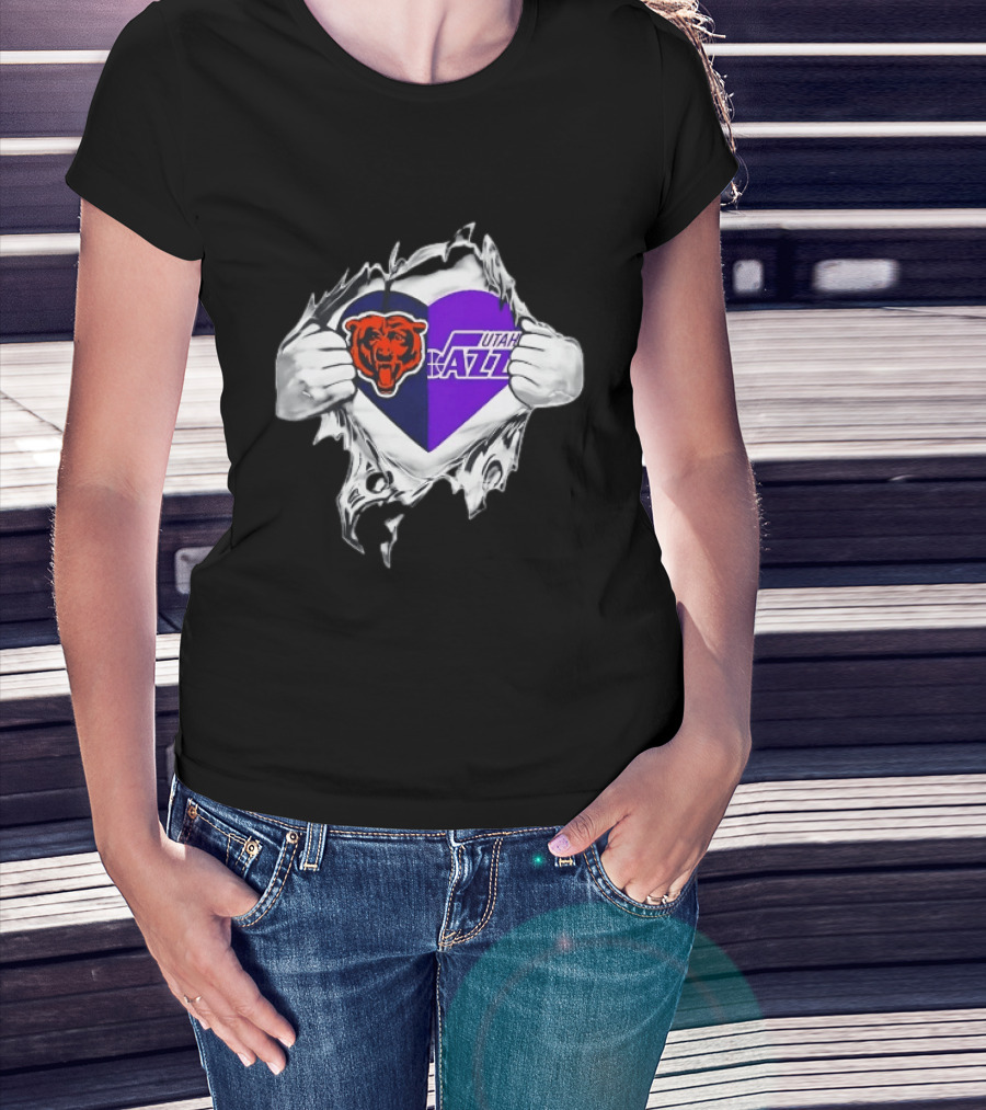 Heart Split Chicago Bears Utah Jazz Team Logos T-Shirt