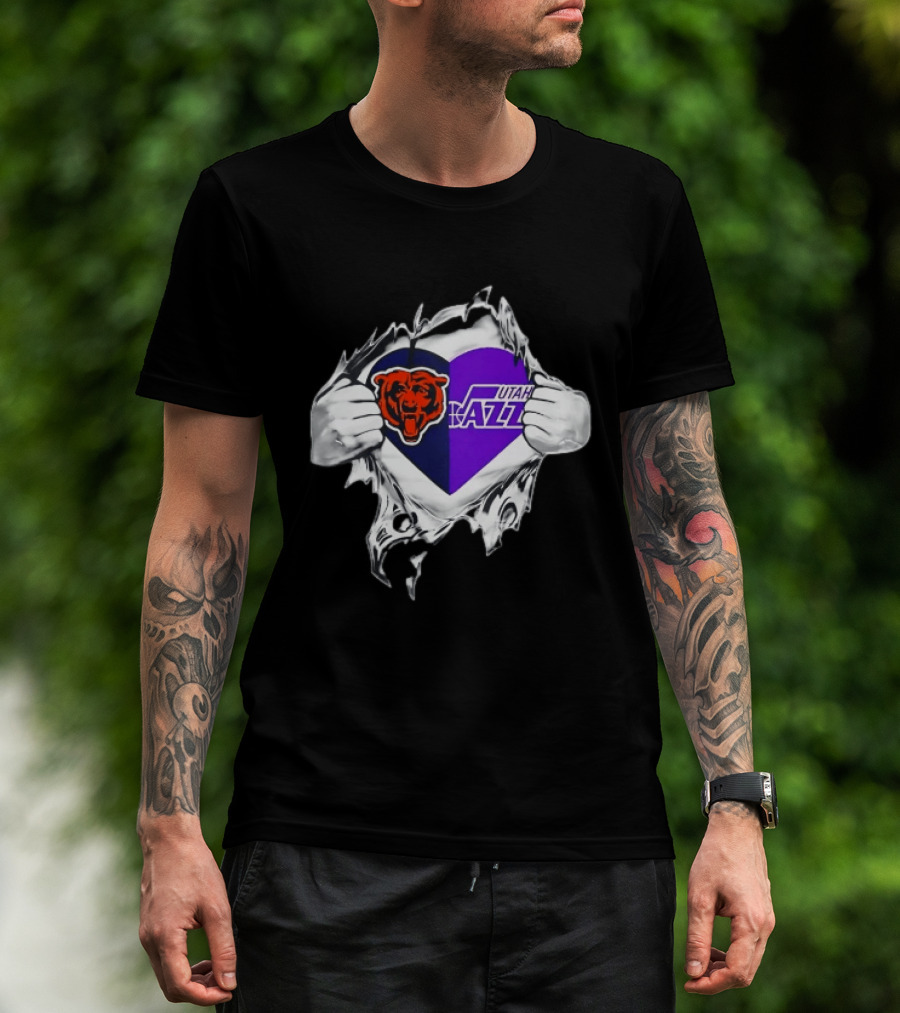 Heart Split Chicago Bears Utah Jazz Team Logos T-Shirt