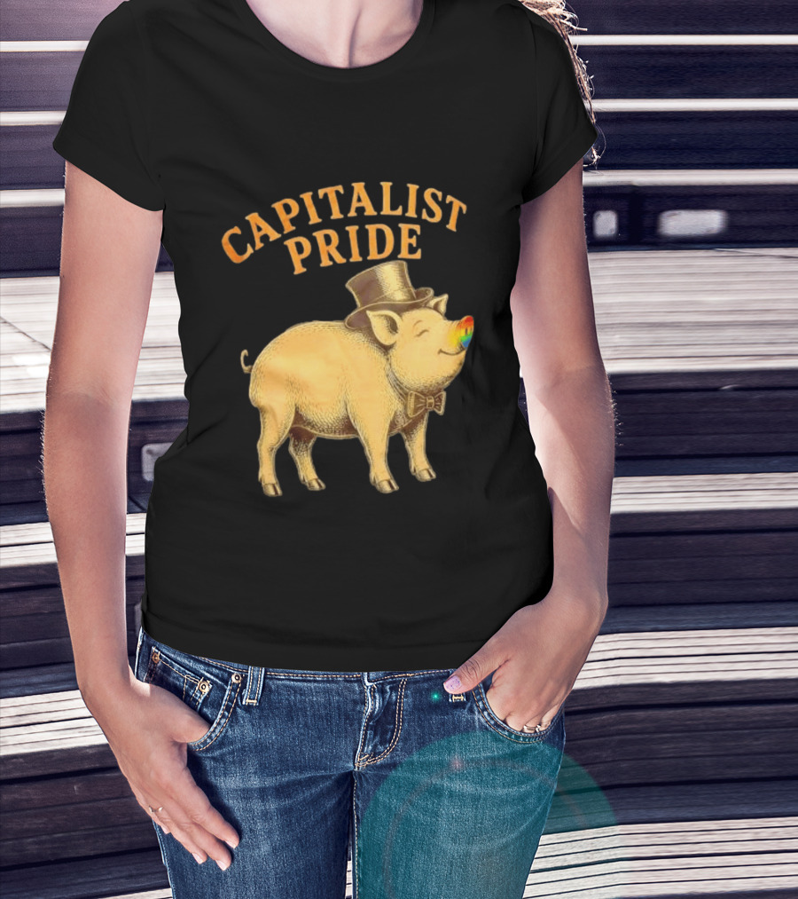 Capitalist Pride Pig With Rainbow Nose And Top Hat Bow Tie T-Shirt