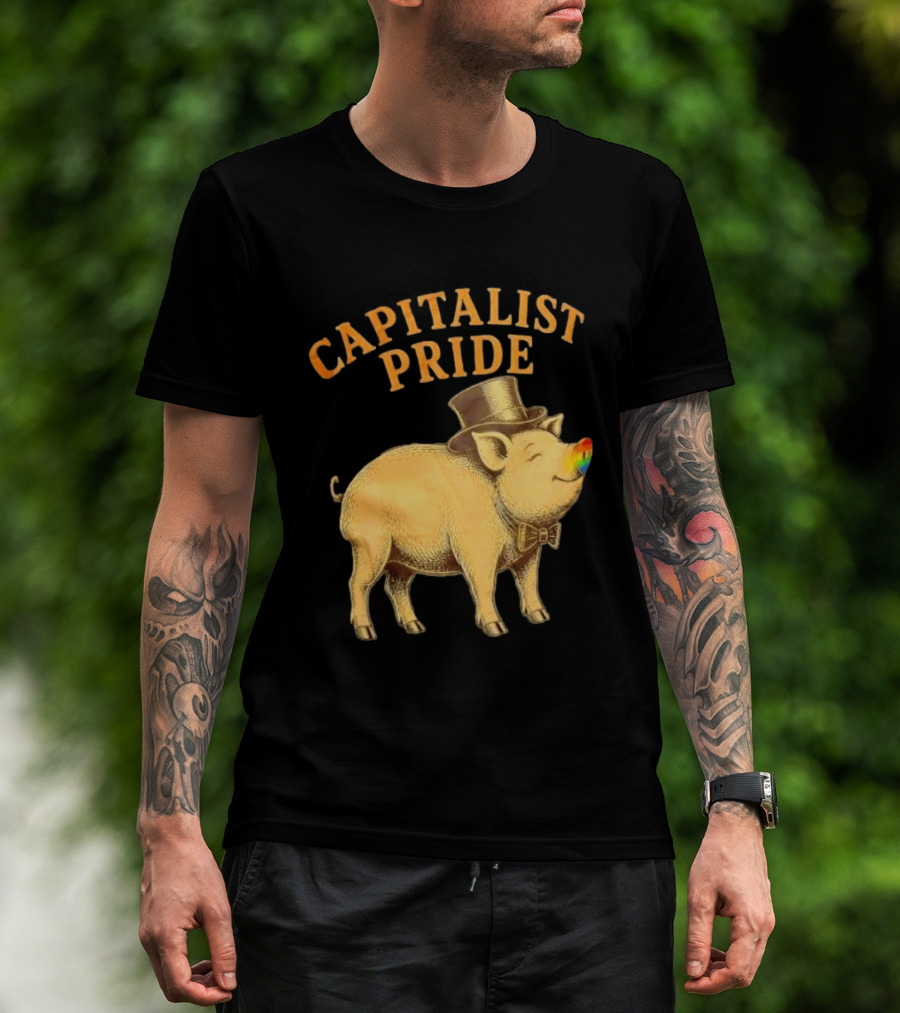 Capitalist Pride Pig With Rainbow Nose And Top Hat Bow Tie T-Shirt