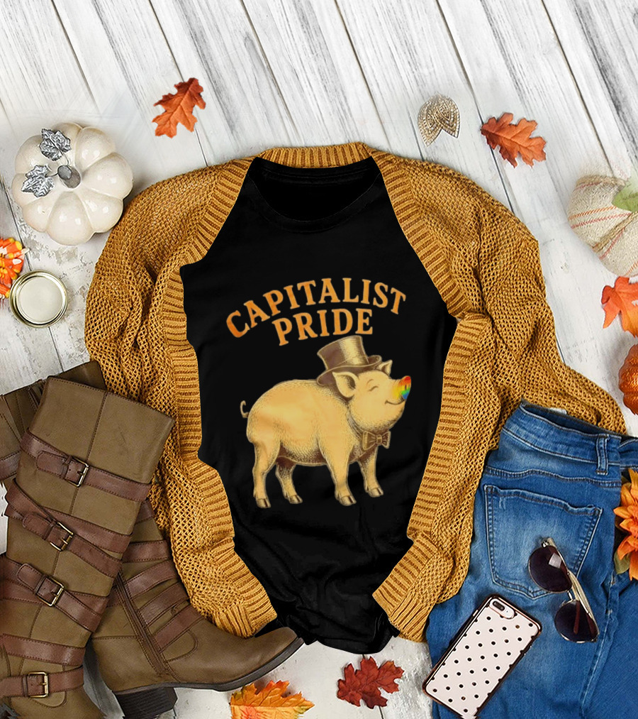 Capitalist Pride Pig with Rainbow Nose and Top Hat Bow Tie T-Shirt