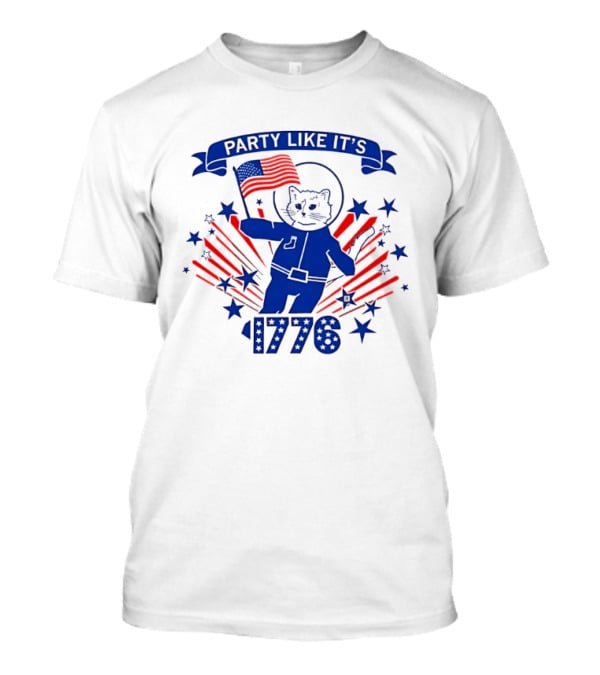 Party Like It's 1776 Cat Astronaut With Flag And Stars T-Shirt