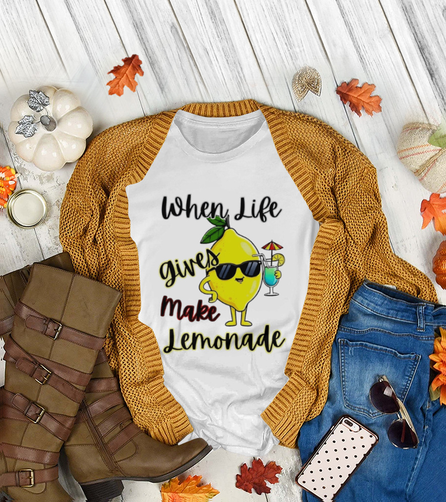 When Life Gives You Lemons Make Lemonade Sunglasses Character with Drink T-Shirt