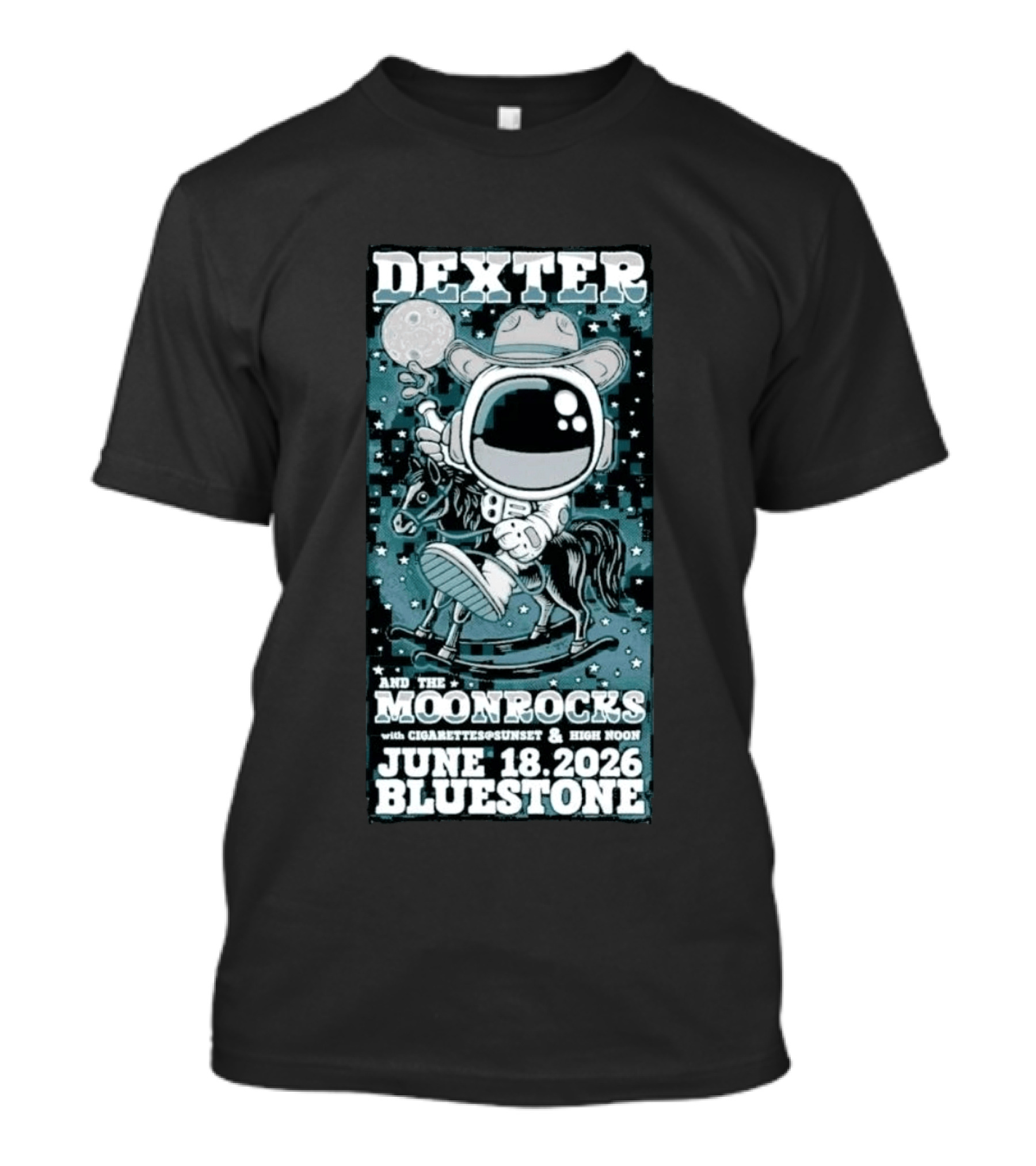 Dexter And The Moonrocks June 18 2026 Bluestone Astronaut Cowboy Riding Horse With Cigarettes Sunset And High Noon T-Shirt