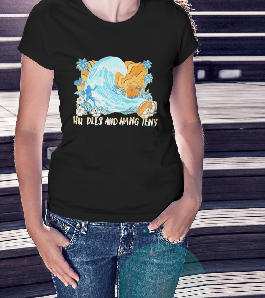 Los Angeles Chargers Tommy Bahama Huddle And Hang Tens Tropical Wave Football Scene T-Shirt