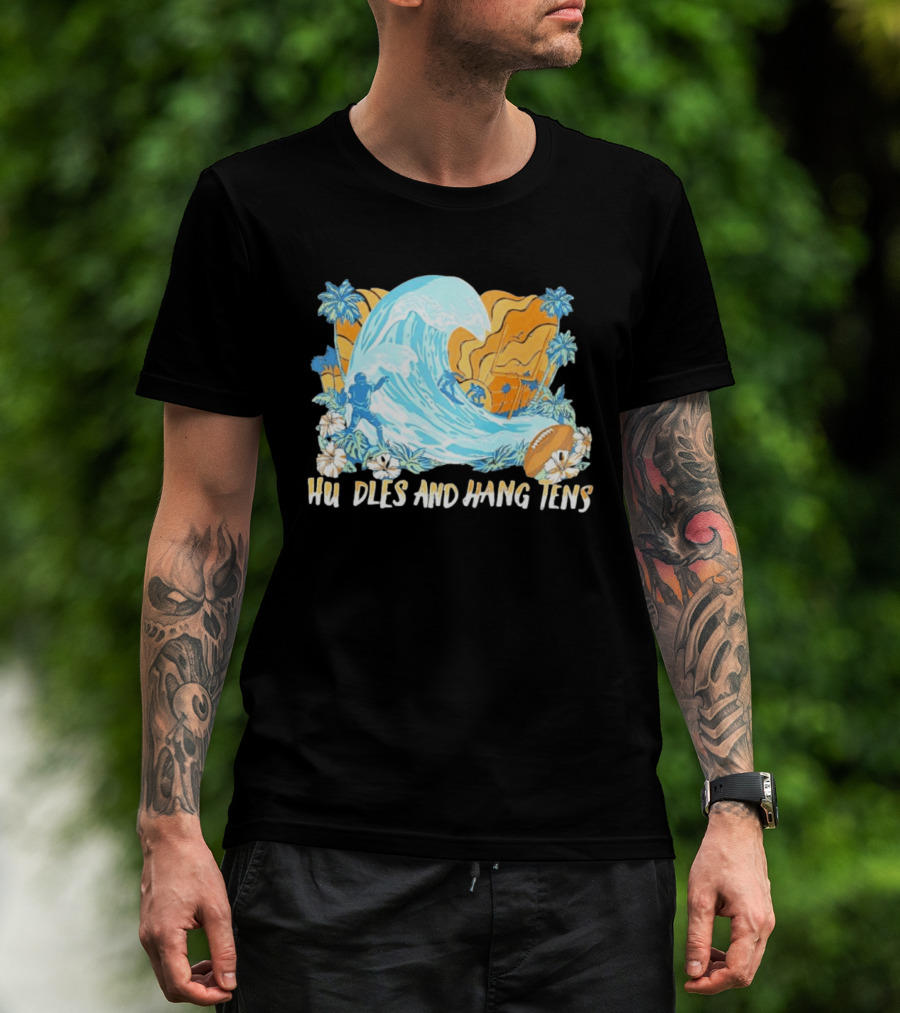 Los Angeles Chargers Tommy Bahama Huddle And Hang Tens Tropical Wave Football Scene T-Shirt