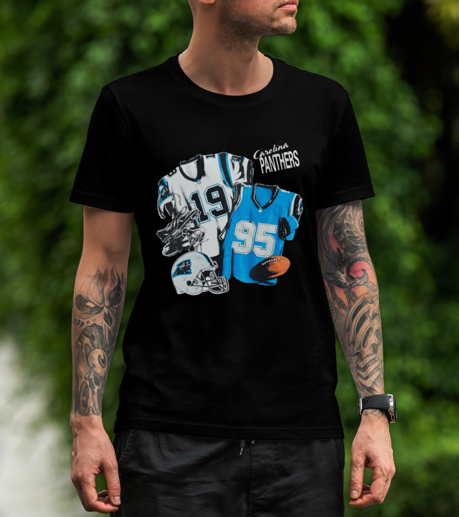 Carolina Panthers 19 95 Jerseys And Helmet With Football T-Shirt